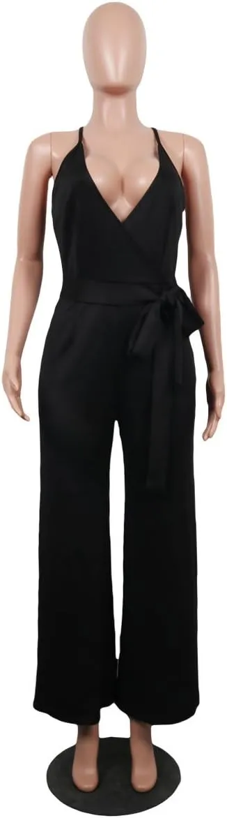 MESLIMA Women's Summer Sleeveless Short Romper Sexy Strap V Neck Wrap Front Tie Casual One Piece Jumpsuit