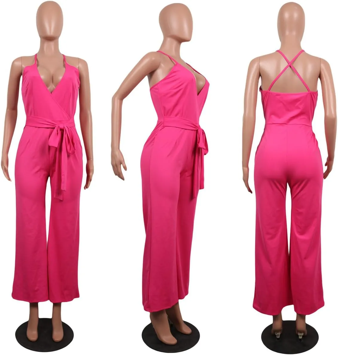 MESLIMA Women's Summer Sleeveless Short Romper Sexy Strap V Neck Wrap Front Tie Casual One Piece Jumpsuit