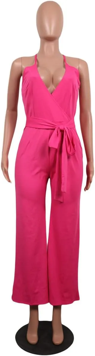 MESLIMA Women's Summer Sleeveless Short Romper Sexy Strap V Neck Wrap Front Tie Casual One Piece Jumpsuit