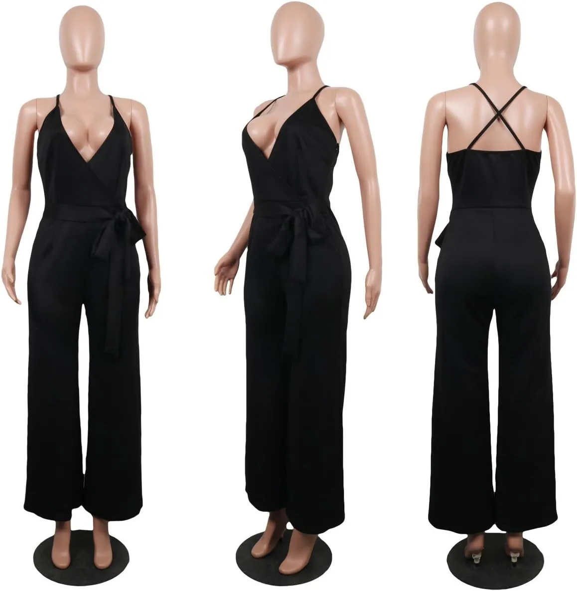 MESLIMA Women's Summer Sleeveless Short Romper Sexy Strap V Neck Wrap Front Tie Casual One Piece Jumpsuit