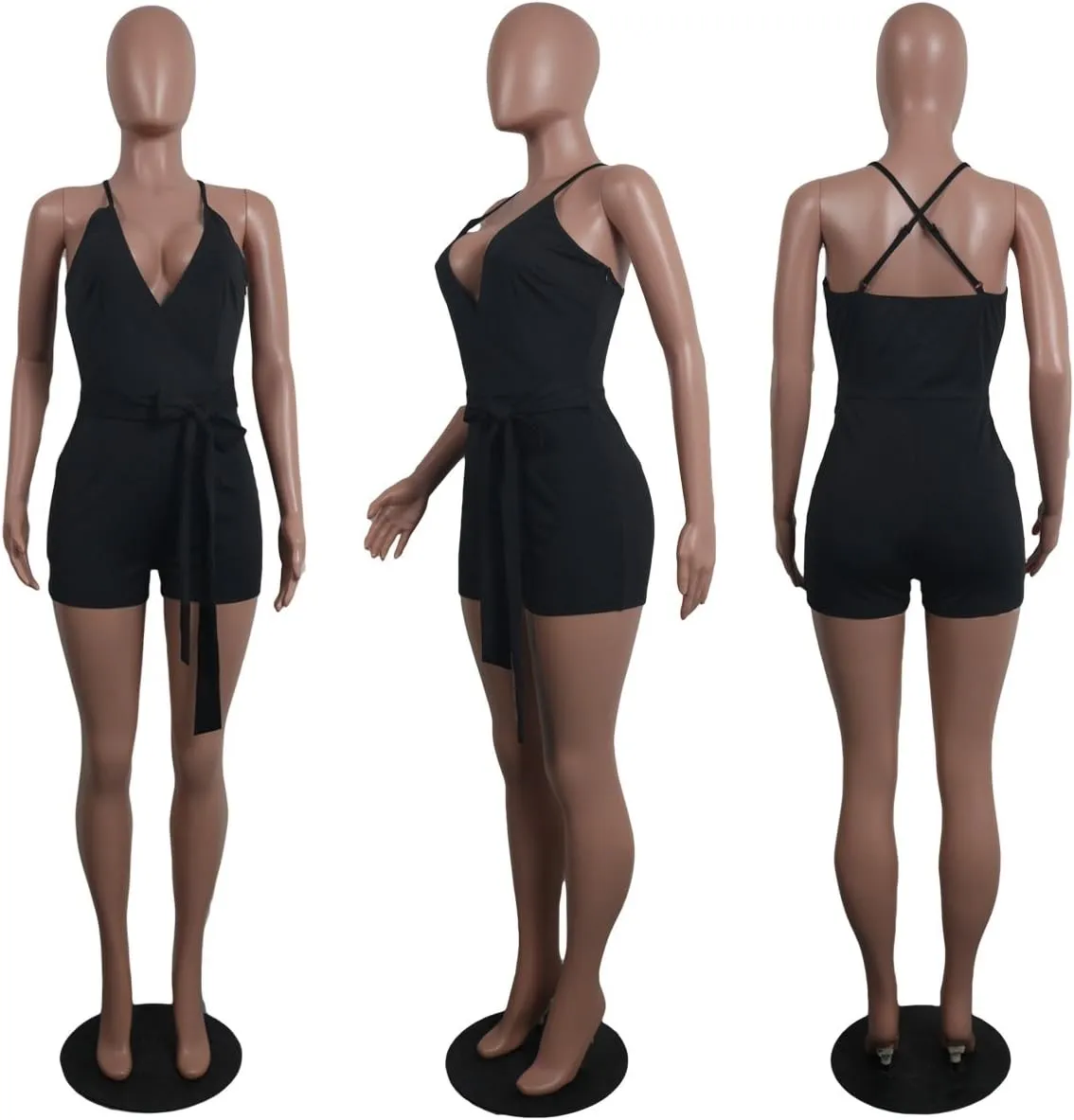 MESLIMA Women's Summer Sleeveless Short Romper Sexy Strap V Neck Wrap Front Tie Casual One Piece Jumpsuit