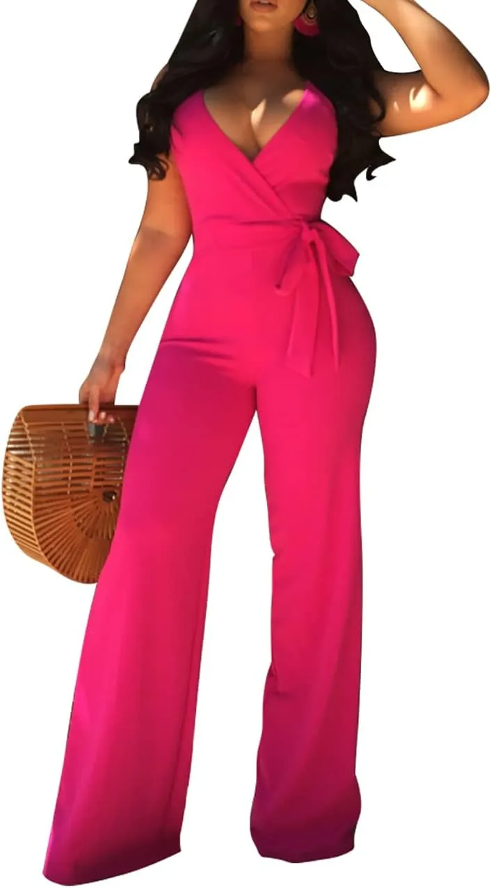 MESLIMA Women's Summer Sleeveless Short Romper Sexy Strap V Neck Wrap Front Tie Casual One Piece Jumpsuit