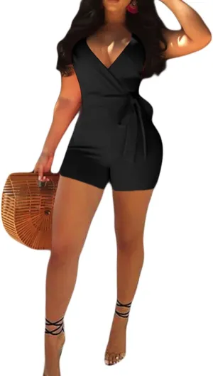MESLIMA Women's Summer Sleeveless Short Romper Sexy Strap V Neck Wrap Front Tie Casual One Piece Jumpsuit