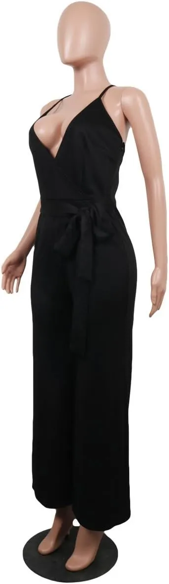 MESLIMA Women's Summer Sleeveless Short Romper Sexy Strap V Neck Wrap Front Tie Casual One Piece Jumpsuit