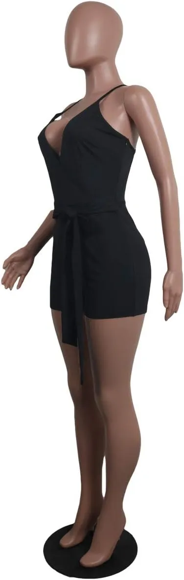 MESLIMA Women's Summer Sleeveless Short Romper Sexy Strap V Neck Wrap Front Tie Casual One Piece Jumpsuit