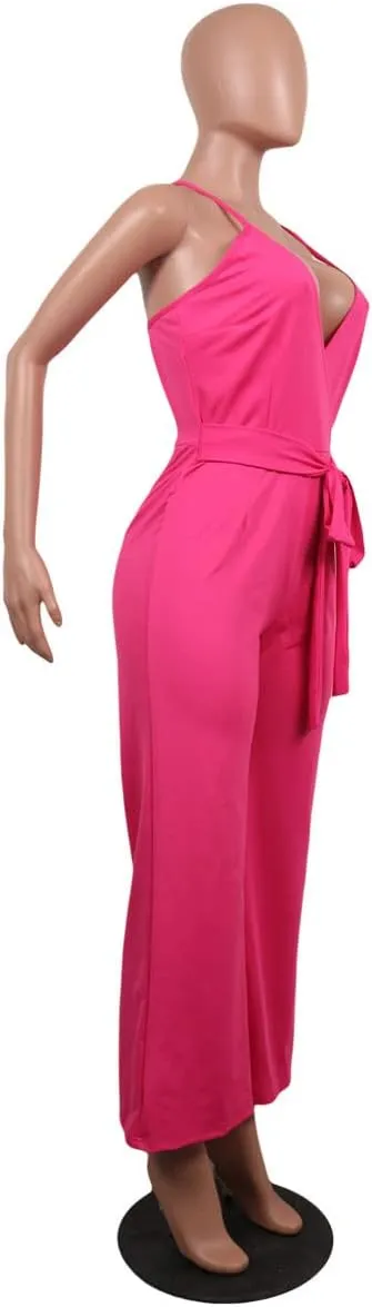 MESLIMA Women's Summer Sleeveless Short Romper Sexy Strap V Neck Wrap Front Tie Casual One Piece Jumpsuit
