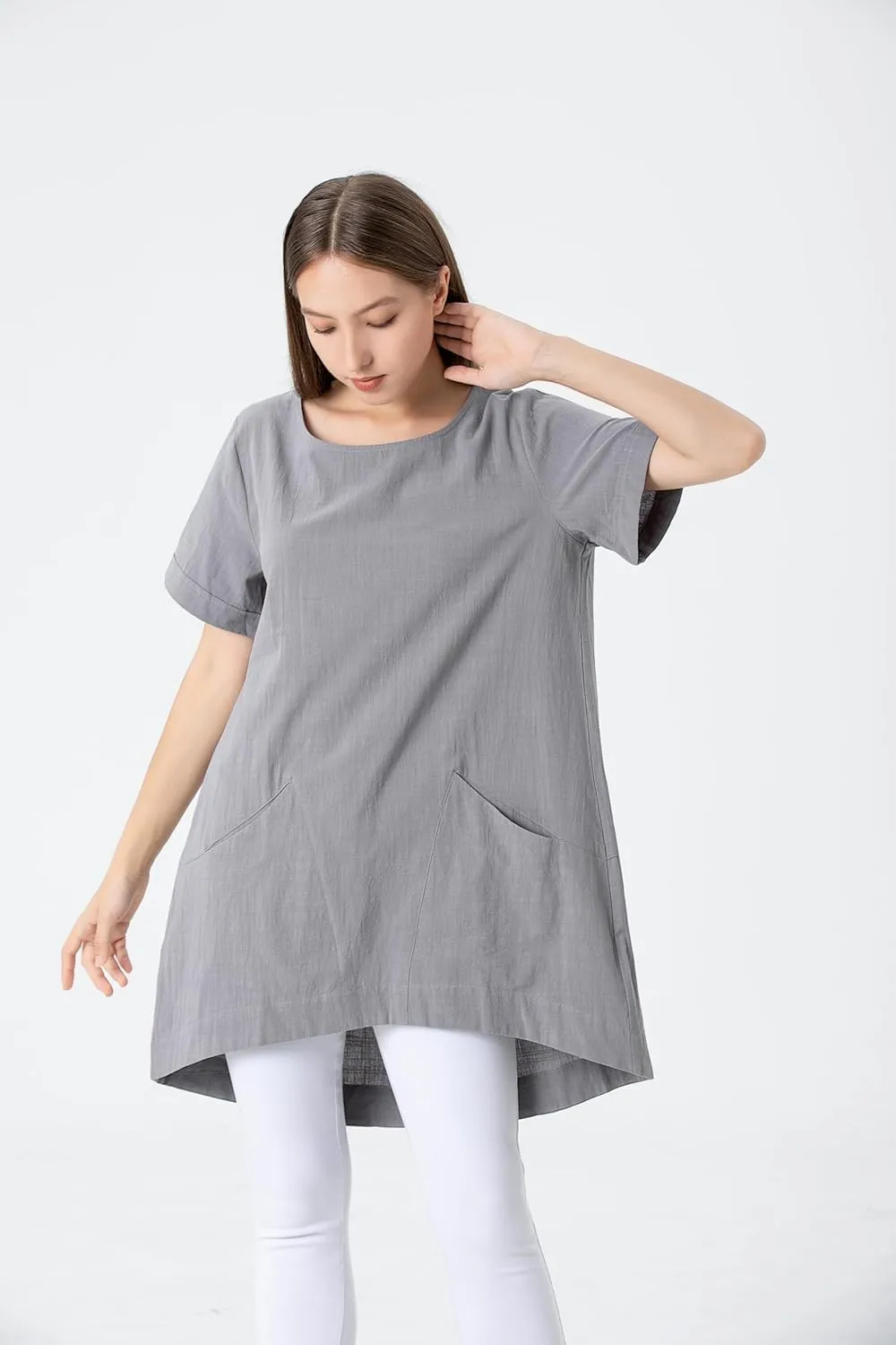 Minibee Women's Cotton Linen Short Sleeve Tunic/Top Tees
