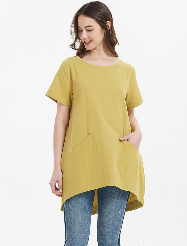 Minibee Women's Cotton Linen Short Sleeve Tunic/Top Tees