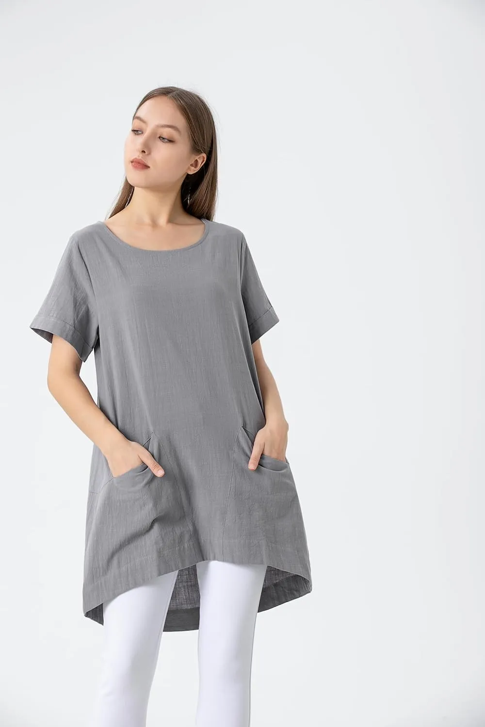 Minibee Women's Cotton Linen Short Sleeve Tunic/Top Tees
