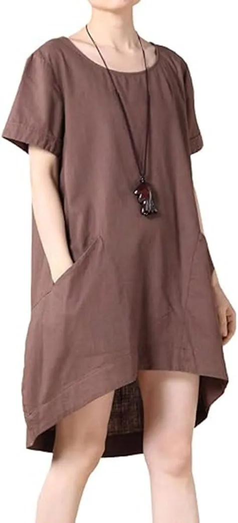 Minibee Women's Cotton Linen Short Sleeve Tunic/Top Tees