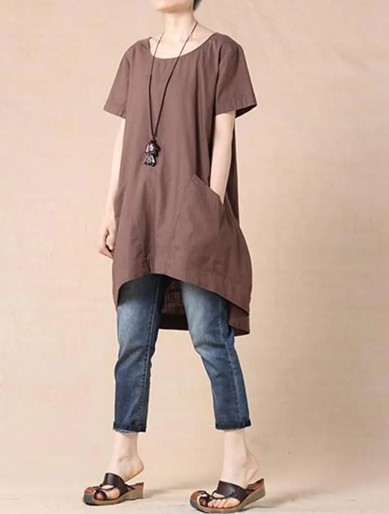 Minibee Women's Cotton Linen Short Sleeve Tunic/Top Tees