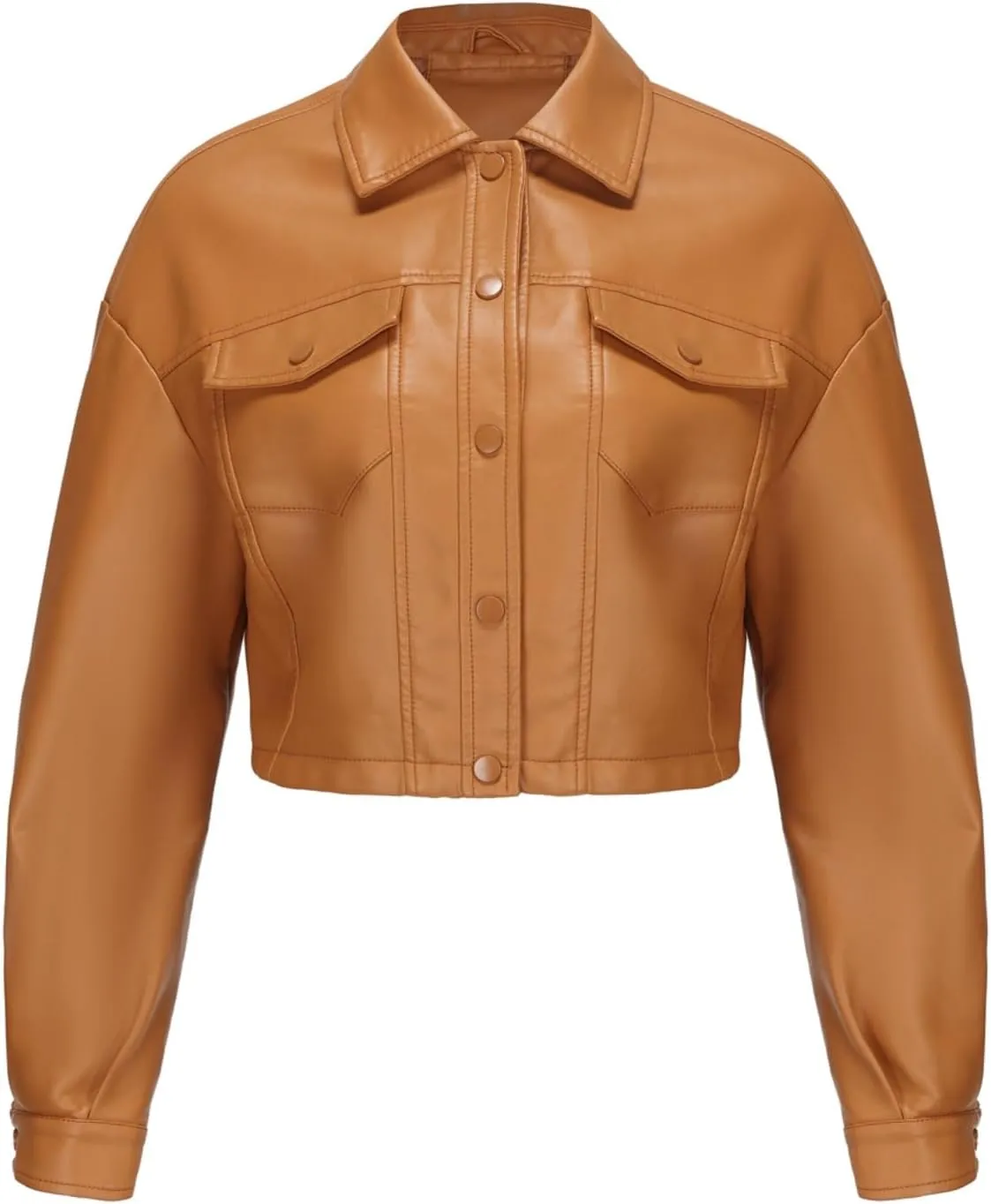 Molilove Women's Faux Leather Jacket Button Down Collar Pockets PU Crop Moto Biker Coat