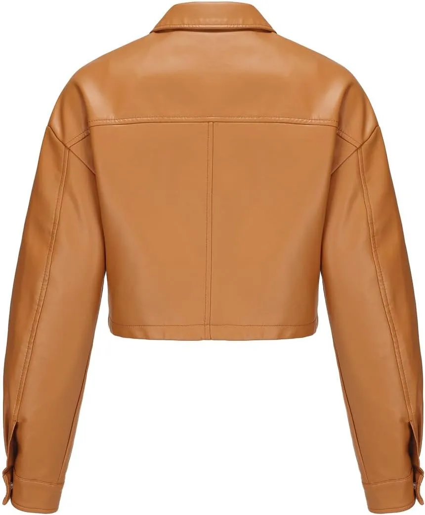 Molilove Women's Faux Leather Jacket Button Down Collar Pockets PU Crop Moto Biker Coat