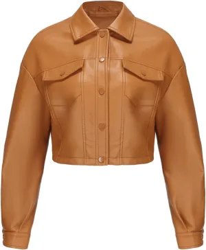Molilove Women's Faux Leather Jacket Button Down Collar Pockets PU Crop Moto Biker Coat