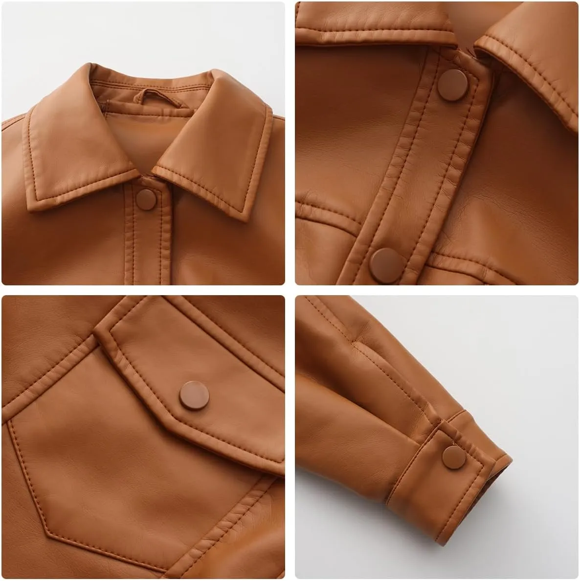 Molilove Women's Faux Leather Jacket Button Down Collar Pockets PU Crop Moto Biker Coat