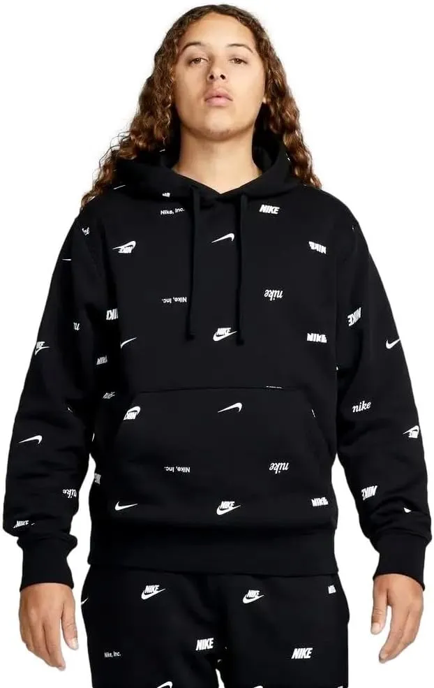 Nike Club Fleece Men's Allover Print Pullover Hoodie Size- Medium Black/White