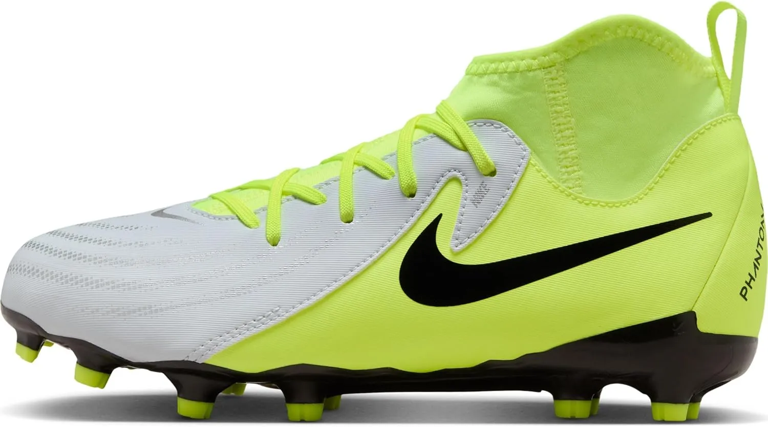Nike Jr. Phantom Luna 2 Academy Little/Big Kids' MG Soccer Cleats (FJ2603-003, Metallic Silver/Volt/Black) Size 4.5