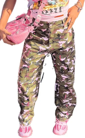 NRTHYE Women Camouflage Cargo Pants Pocket Zipper High Waist Patchwork Straight Casual Trousers