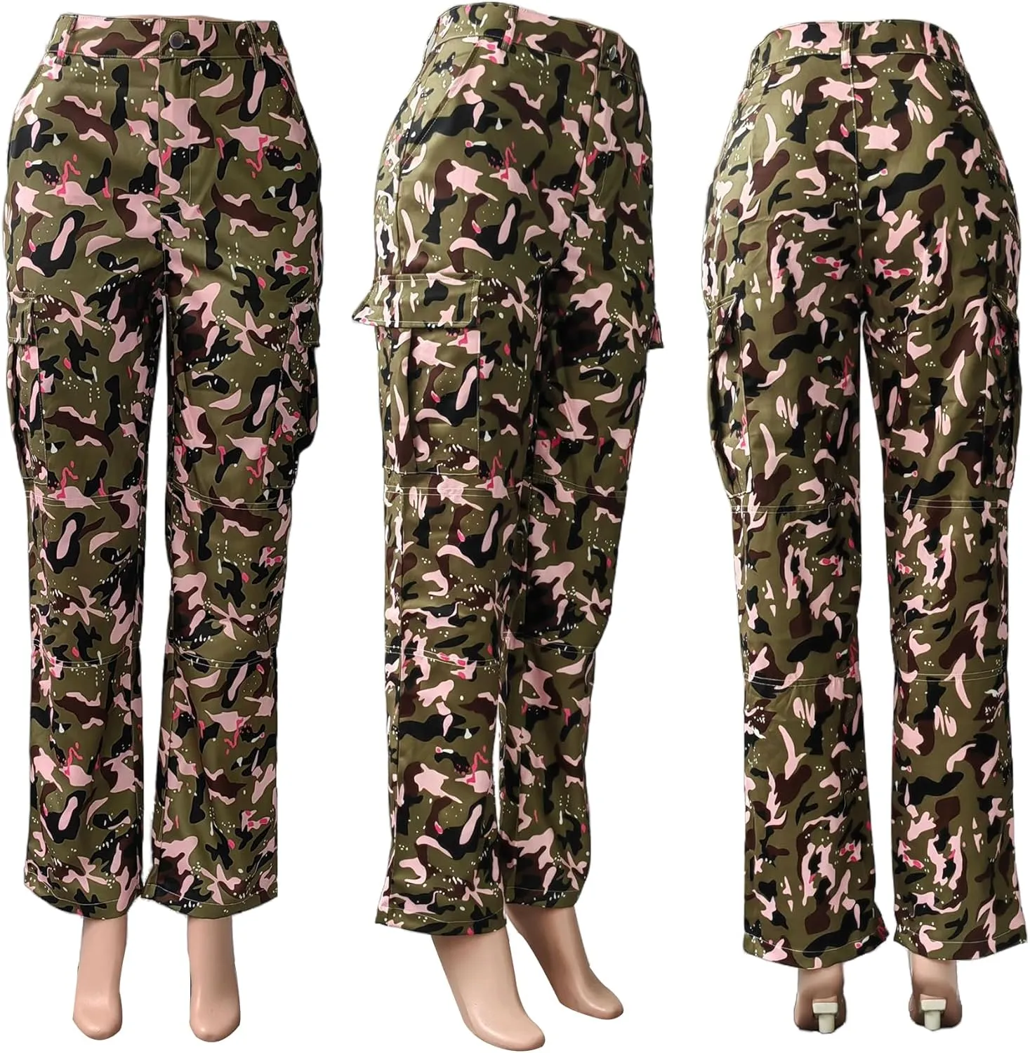 NRTHYE Women Camouflage Cargo Pants Pocket Zipper High Waist Patchwork Straight Casual Trousers