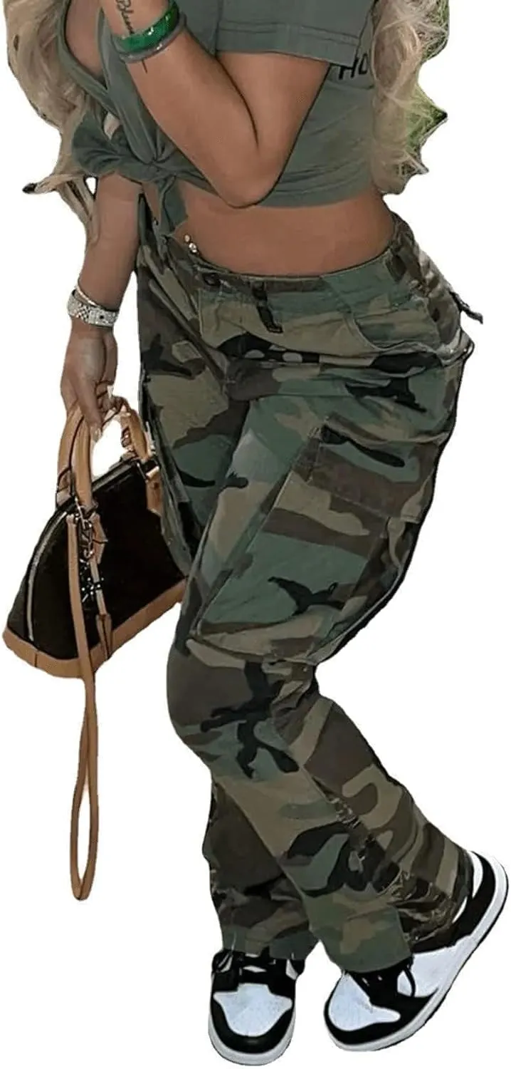 NRTHYE Women Camouflage Cargo Pants Pocket Zipper High Waist Patchwork Straight Casual Trousers