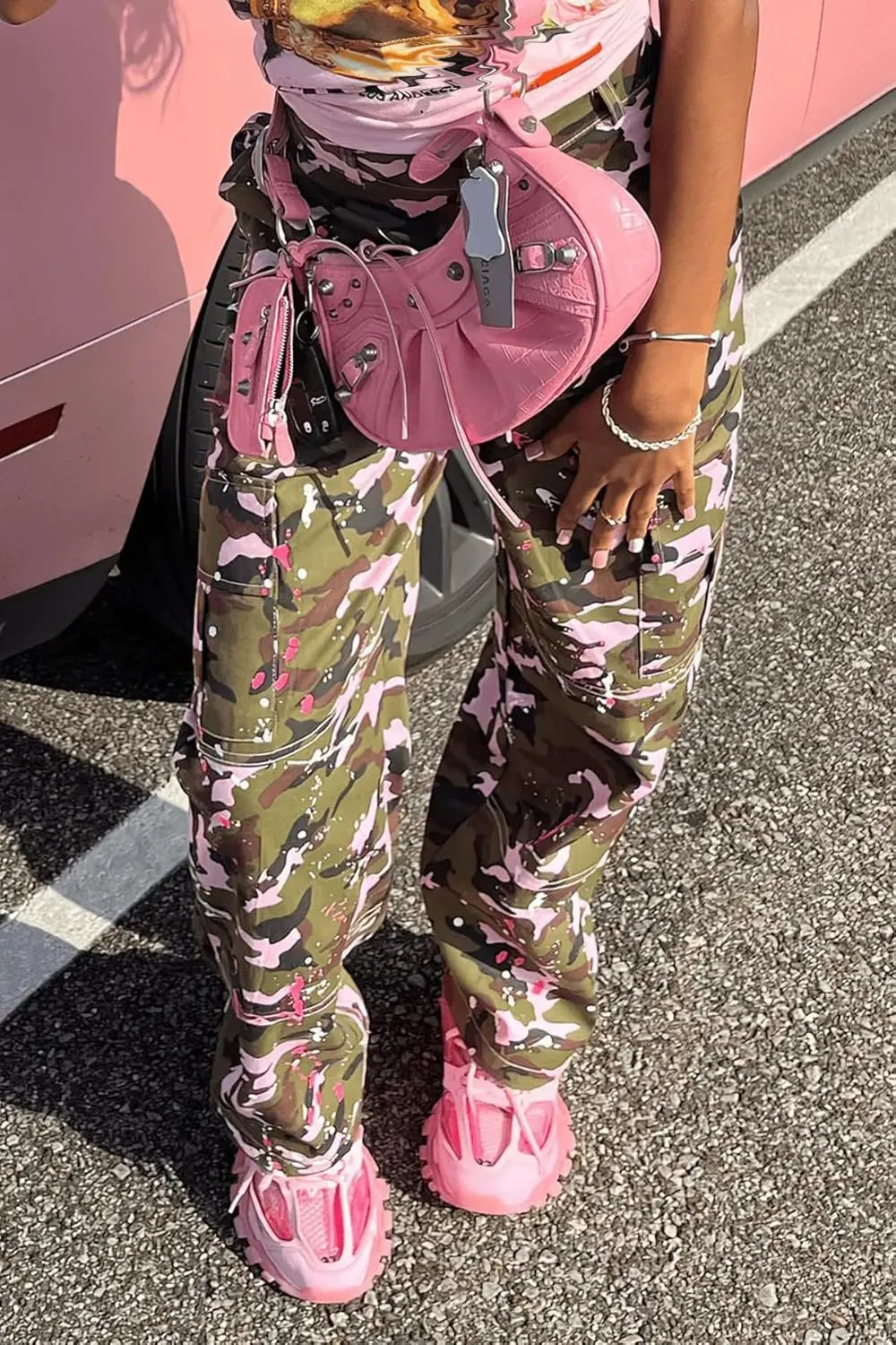 NRTHYE Women Camouflage Cargo Pants Pocket Zipper High Waist Patchwork Straight Casual Trousers