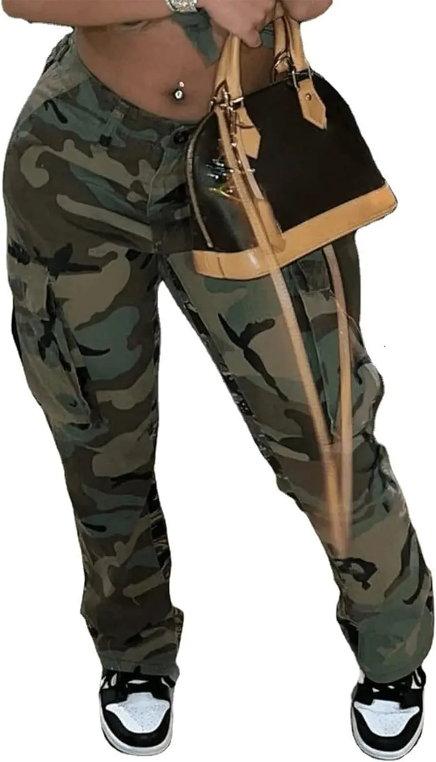 NRTHYE Women Camouflage Cargo Pants Pocket Zipper High Waist Patchwork Straight Casual Trousers