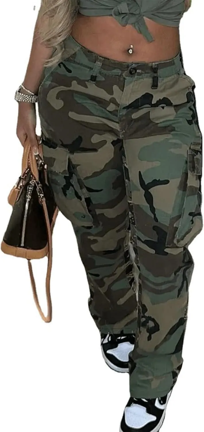 NRTHYE Women Camouflage Cargo Pants Pocket Zipper High Waist Patchwork Straight Casual Trousers