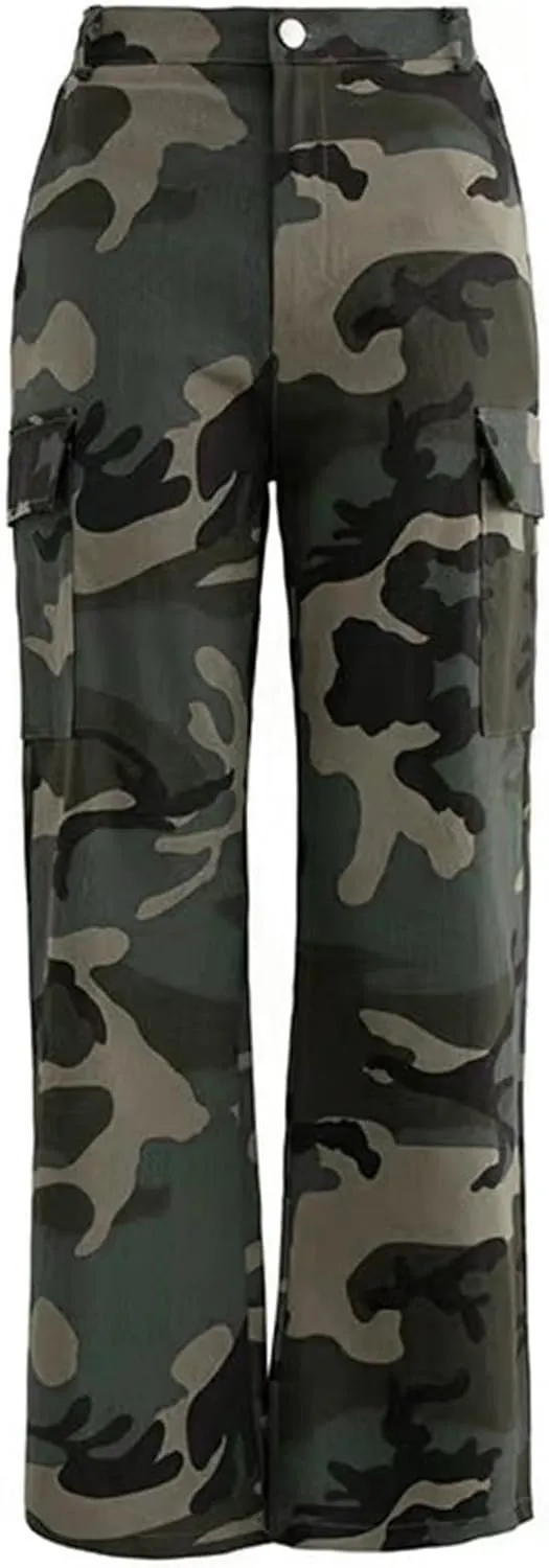 NRTHYE Women Camouflage Cargo Pants Pocket Zipper High Waist Patchwork Straight Casual Trousers