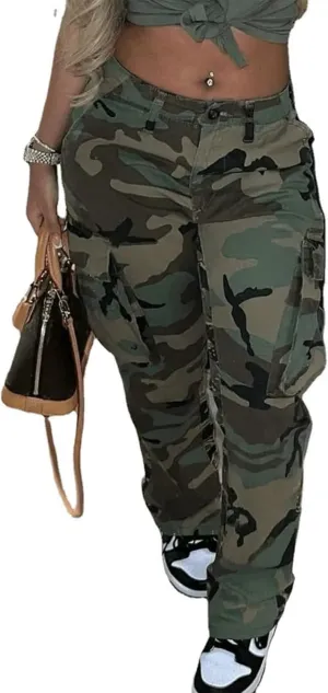 NRTHYE Women Camouflage Cargo Pants Pocket Zipper High Waist Patchwork Straight Casual Trousers