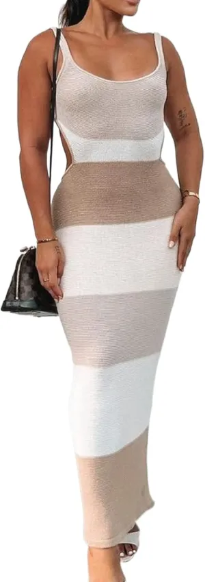 NUFIWI Women Sexy Backless Long Dress Spaghetti Strap Low Cut Bodycon Maxi Dress Open Back Summer Casual Dress