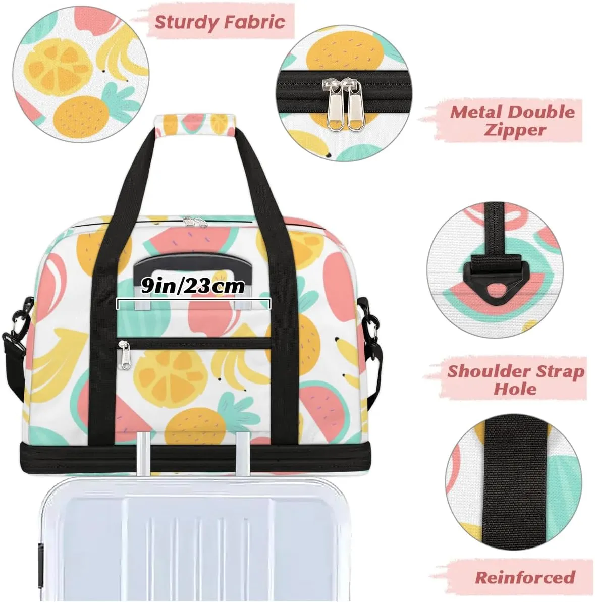 Orange Banana Fruit Sports Gym Bag with Shoes Compartment Foldable Travel Duffel Bag Dry Wet Separated Sports Tote Workout Weekender Overnight Bag for Women Yoga Dance Work Training Handbag