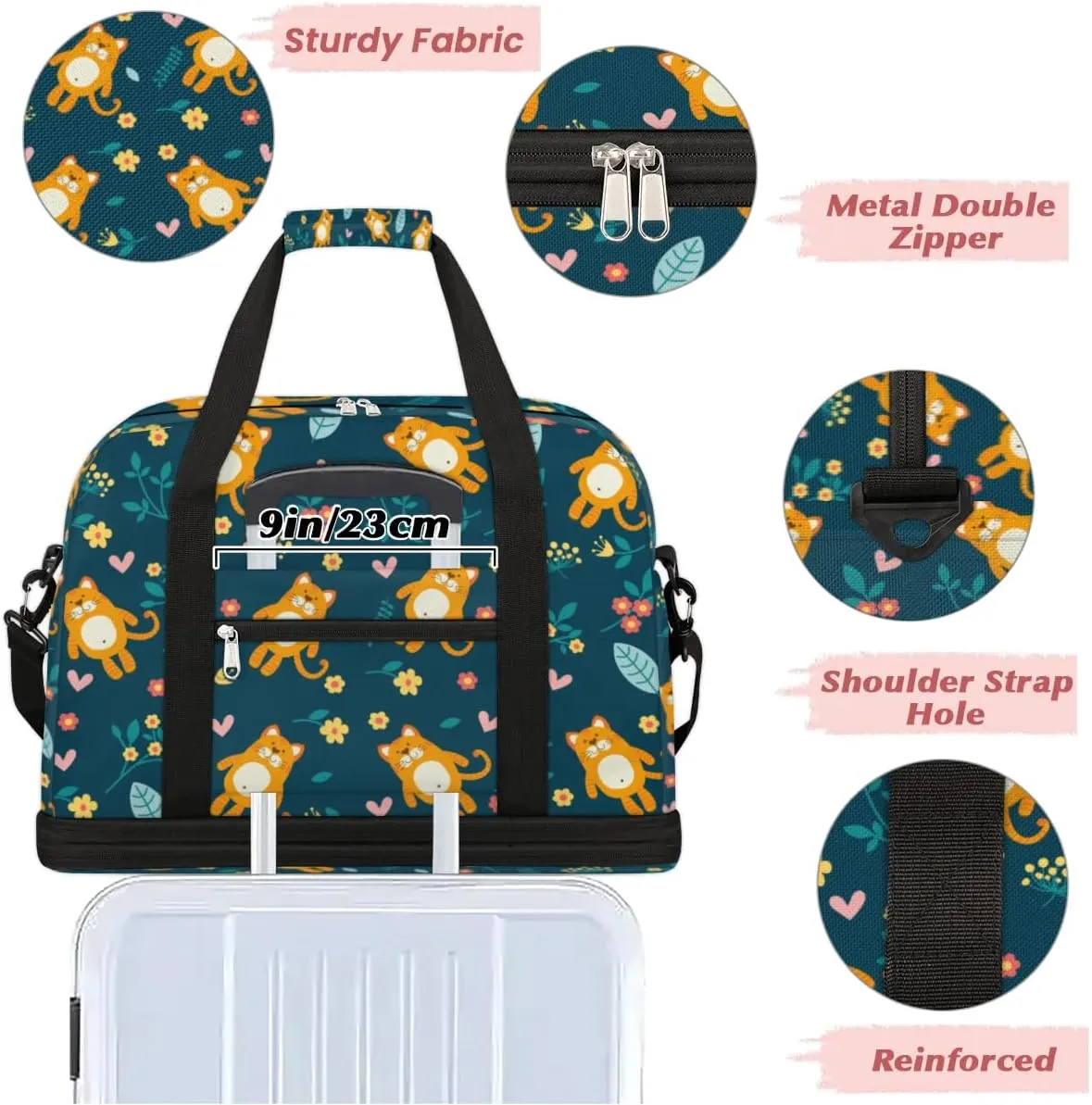 Orange Cat Flowers Sports Gym Bag with Shoes Compartment Foldable Travel Duffel Bag Dry Wet Separated Sports Tote Workout Weekender Overnight Bag for Women Yoga Dance Work Training Handbag