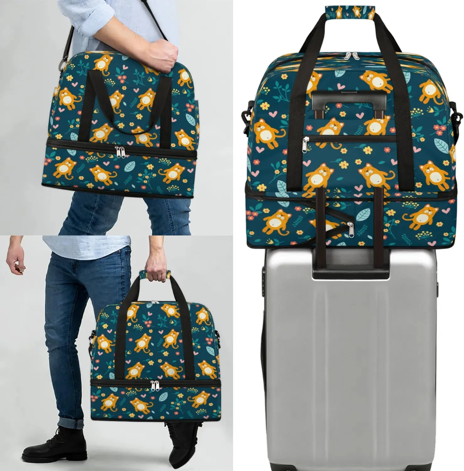 Orange Cat Flowers Sports Gym Bag with Shoes Compartment Foldable Travel Duffel Bag Dry Wet Separated Sports Tote Workout Weekender Overnight Bag for Women Yoga Dance Work Training Handbag