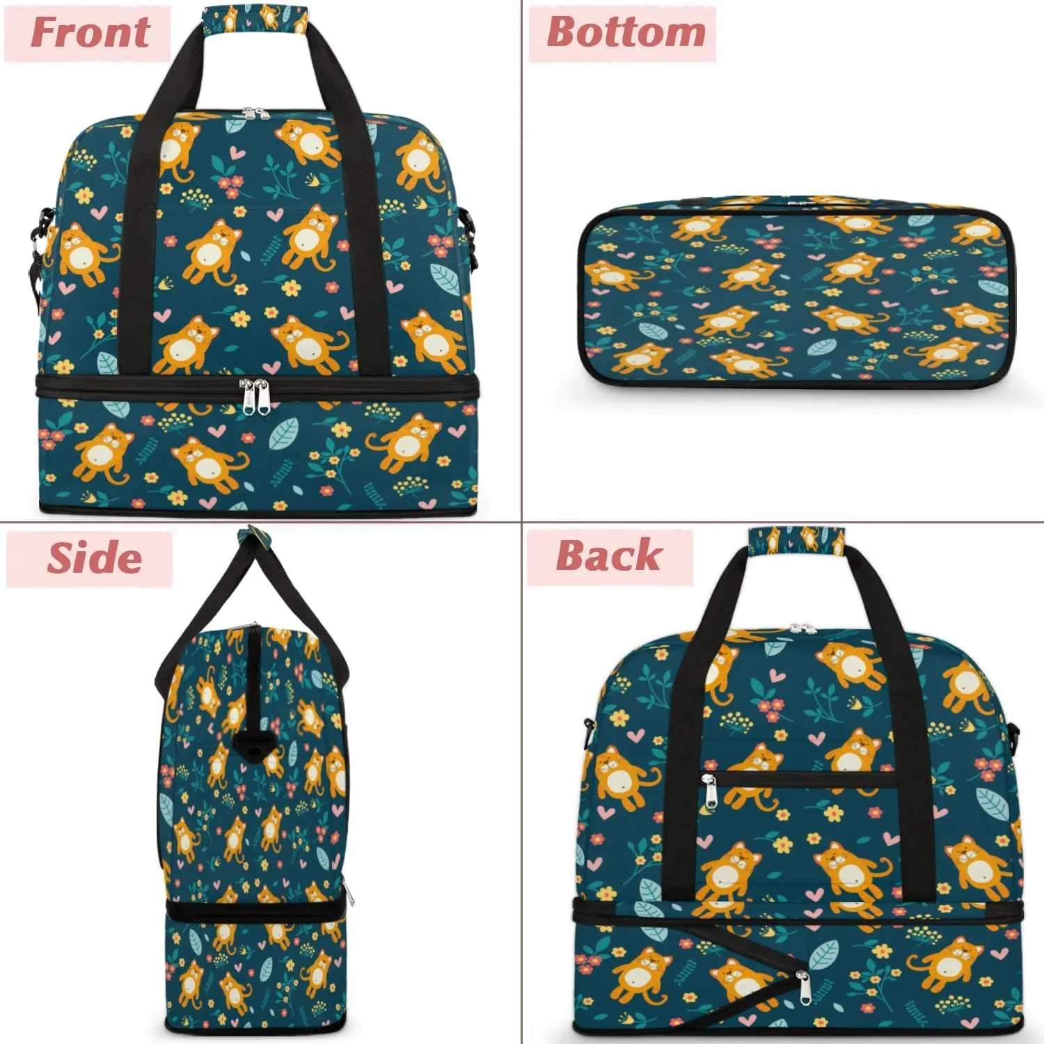 Orange Cat Flowers Sports Gym Bag with Shoes Compartment Foldable Travel Duffel Bag Dry Wet Separated Sports Tote Workout Weekender Overnight Bag for Women Yoga Dance Work Training Handbag