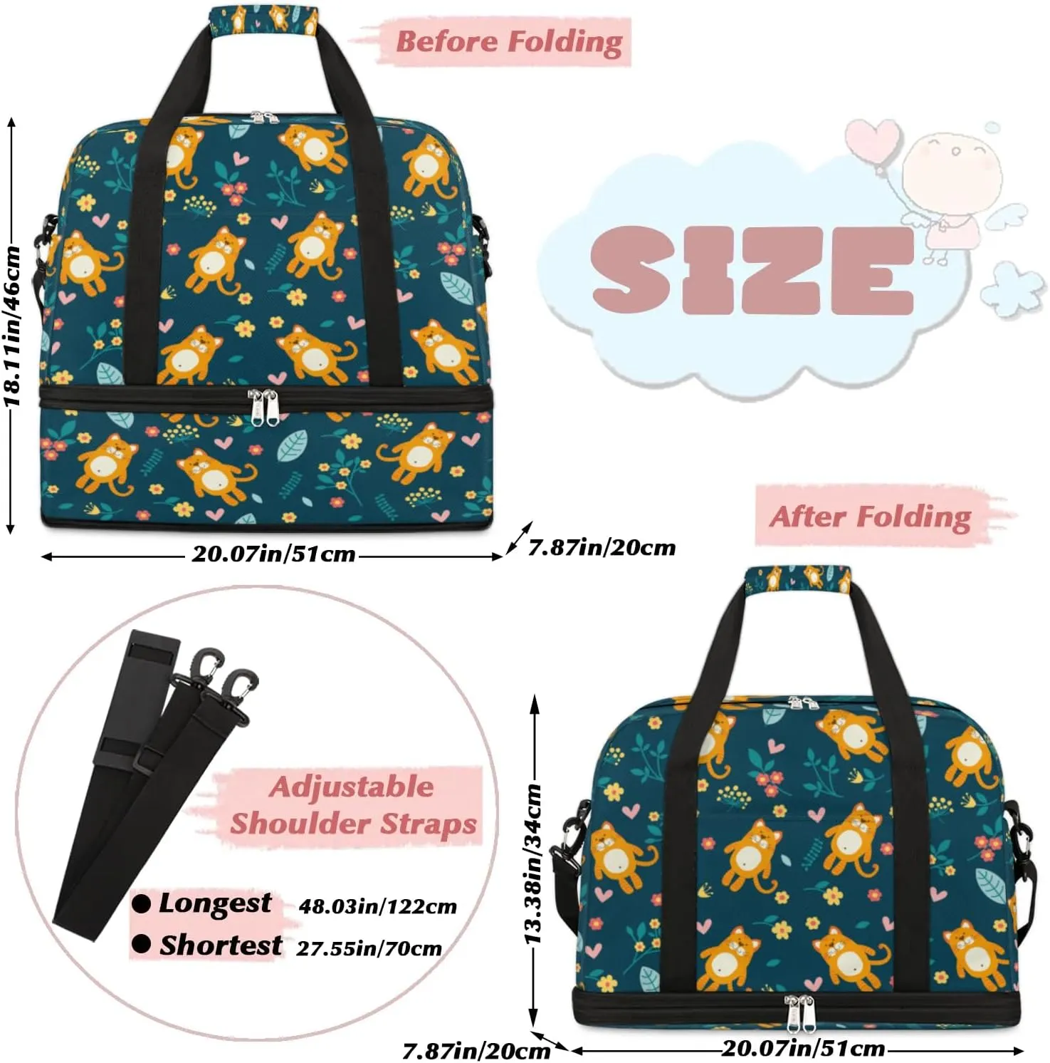 Orange Cat Flowers Sports Gym Bag with Shoes Compartment Foldable Travel Duffel Bag Dry Wet Separated Sports Tote Workout Weekender Overnight Bag for Women Yoga Dance Work Training Handbag
