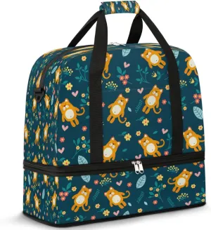 Orange Cat Flowers Sports Gym Bag with Shoes Compartment Foldable Travel Duffel Bag Dry Wet Separated Sports Tote Workout Weekender Overnight Bag for Women Yoga Dance Work Training Handbag