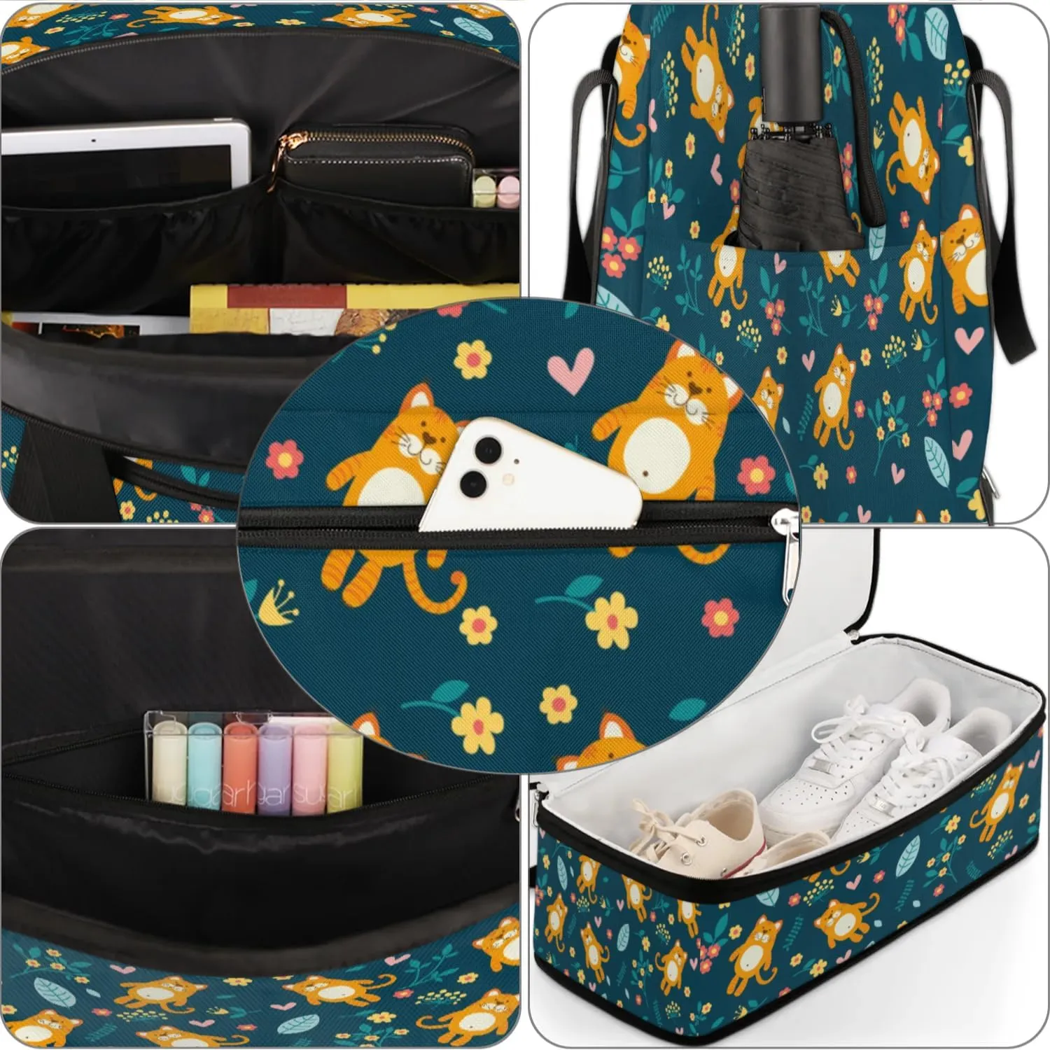 Orange Cat Flowers Sports Gym Bag with Shoes Compartment Foldable Travel Duffel Bag Dry Wet Separated Sports Tote Workout Weekender Overnight Bag for Women Yoga Dance Work Training Handbag