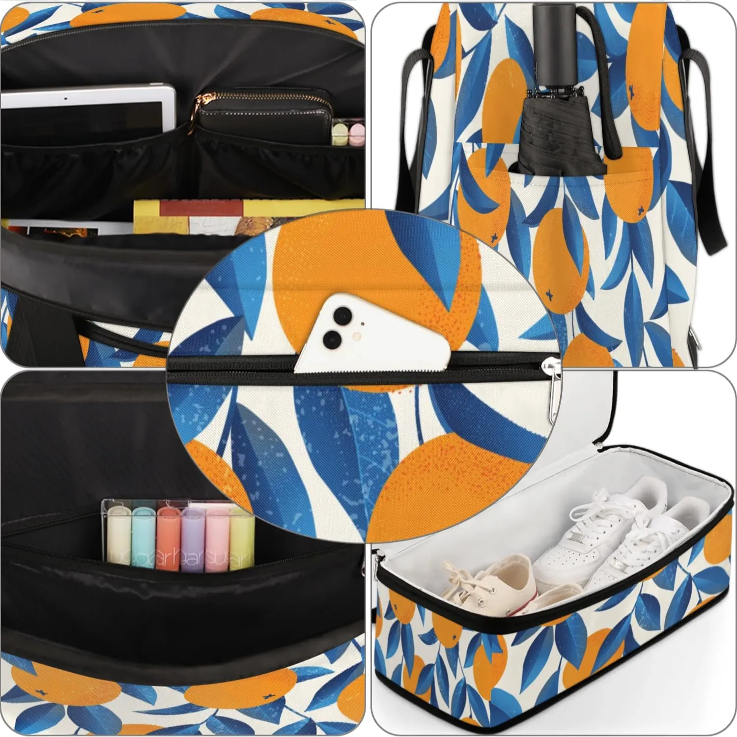 Orange Leaves Print Sports Gym Bag with Shoes Compartment Foldable Travel Duffel Bag Dry Wet Separated Sports Tote Workout Weekender Overnight Bag for Women Yoga Dance Work Training Handbag