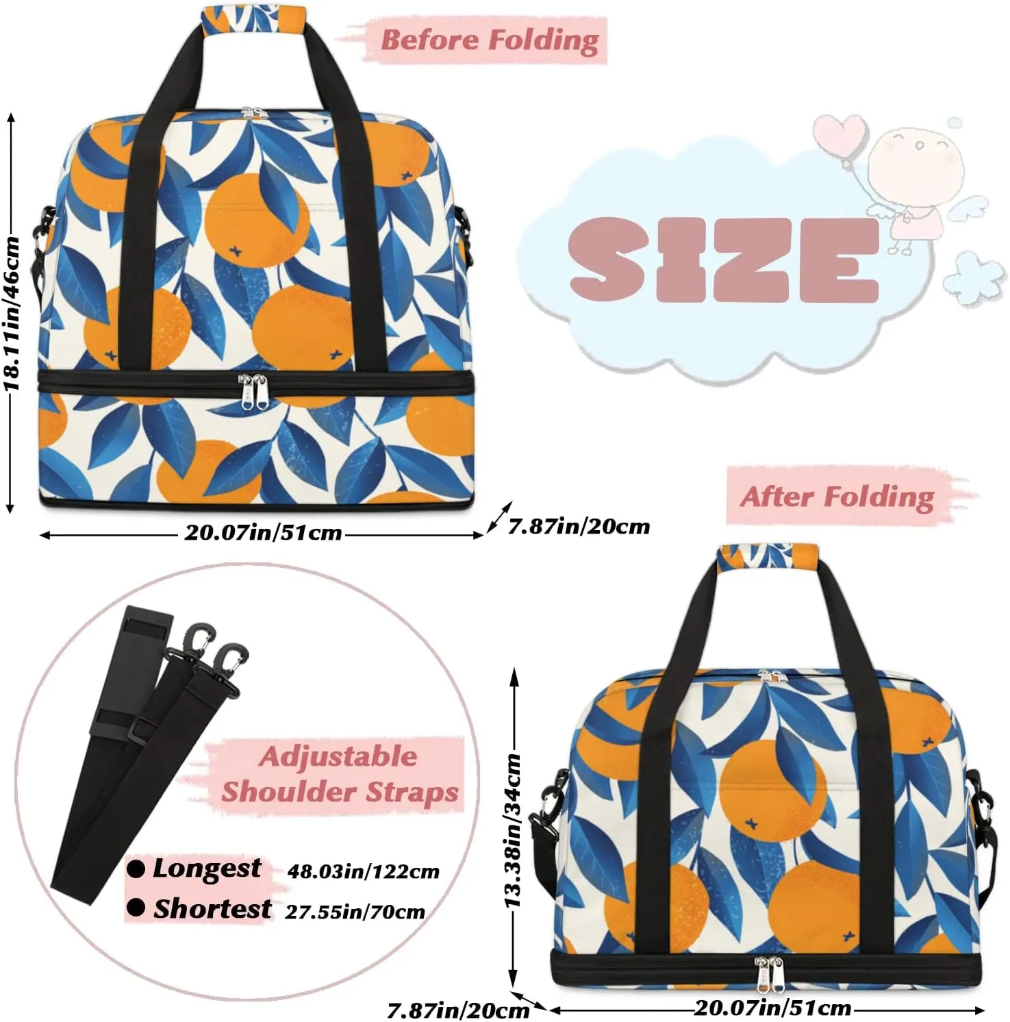Orange Leaves Print Sports Gym Bag with Shoes Compartment Foldable Travel Duffel Bag Dry Wet Separated Sports Tote Workout Weekender Overnight Bag for Women Yoga Dance Work Training Handbag
