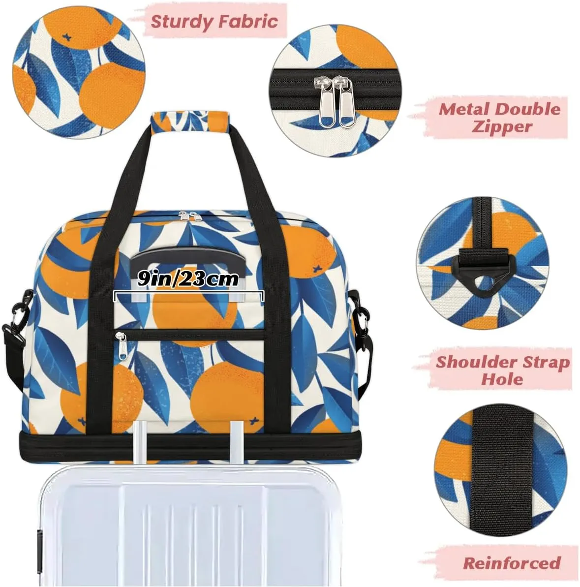 Orange Leaves Print Sports Gym Bag with Shoes Compartment Foldable Travel Duffel Bag Dry Wet Separated Sports Tote Workout Weekender Overnight Bag for Women Yoga Dance Work Training Handbag