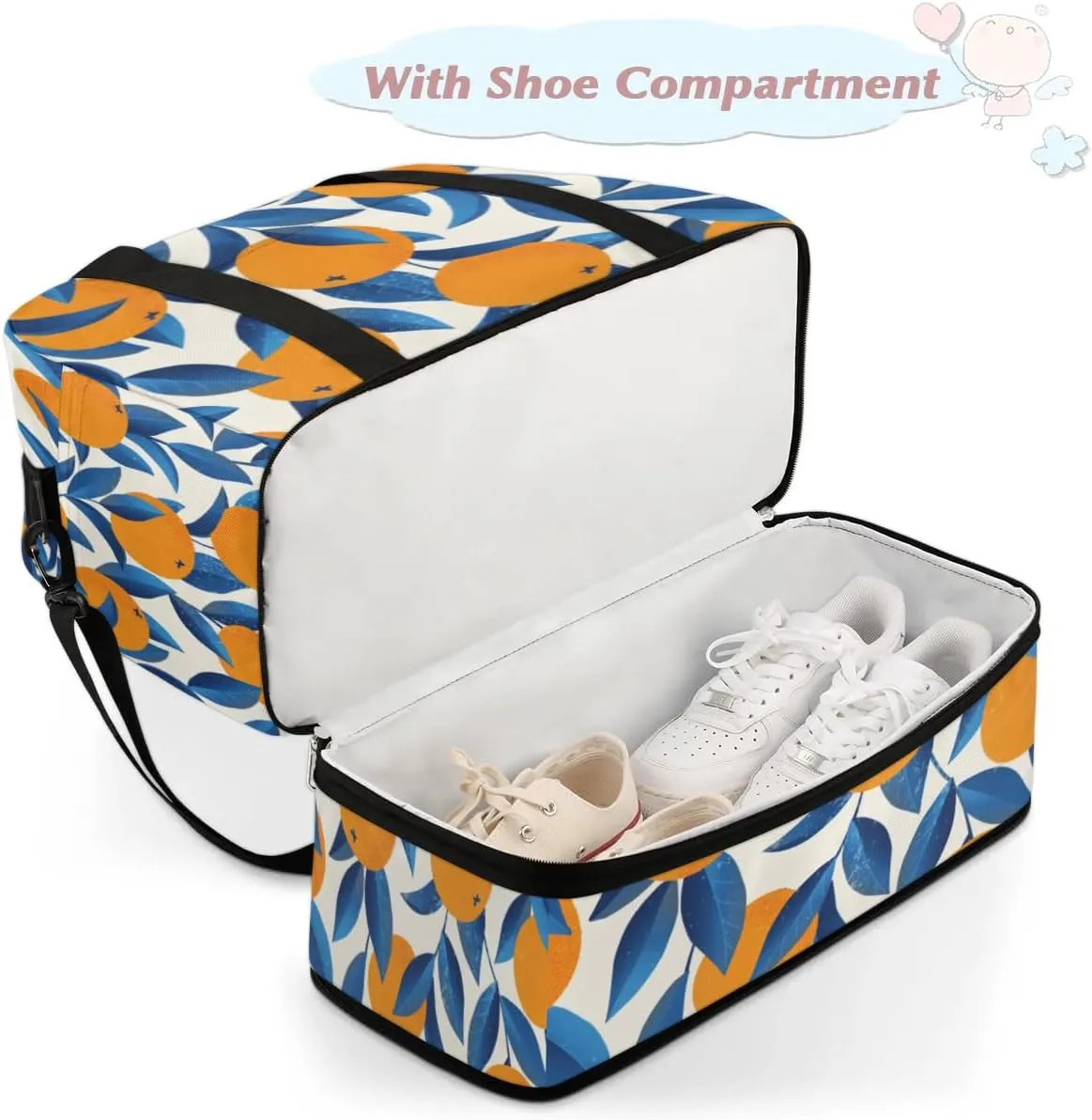 Orange Leaves Print Sports Gym Bag with Shoes Compartment Foldable Travel Duffel Bag Dry Wet Separated Sports Tote Workout Weekender Overnight Bag for Women Yoga Dance Work Training Handbag