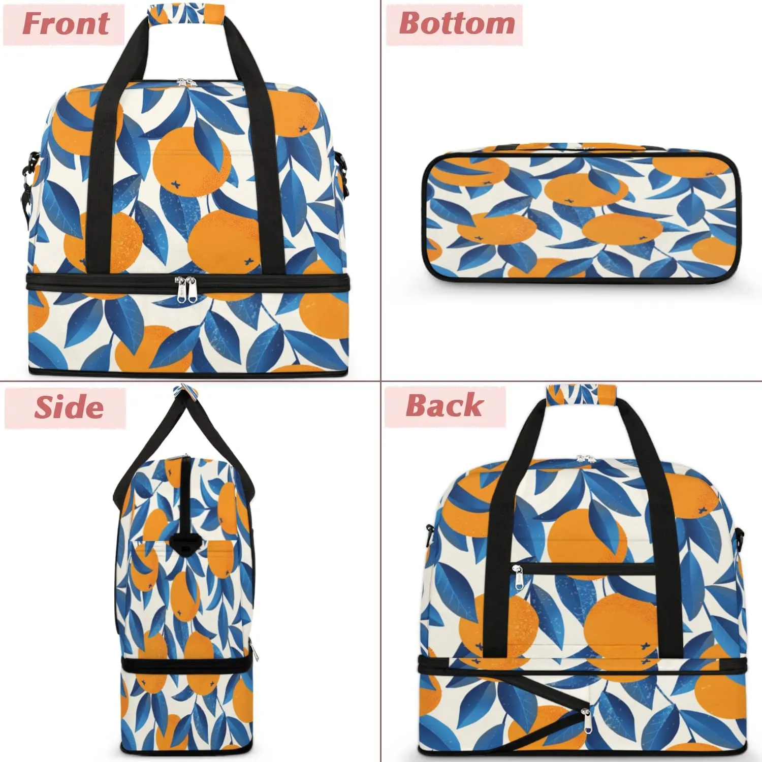 Orange Leaves Print Sports Gym Bag with Shoes Compartment Foldable Travel Duffel Bag Dry Wet Separated Sports Tote Workout Weekender Overnight Bag for Women Yoga Dance Work Training Handbag