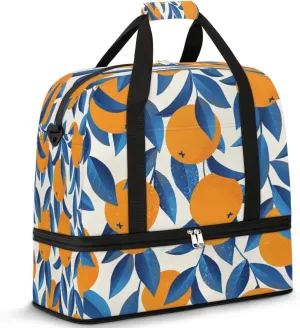 Orange Leaves Print Sports Gym Bag with Shoes Compartment Foldable Travel Duffel Bag Dry Wet Separated Sports Tote Workout Weekender Overnight Bag for Women Yoga Dance Work Training Handbag