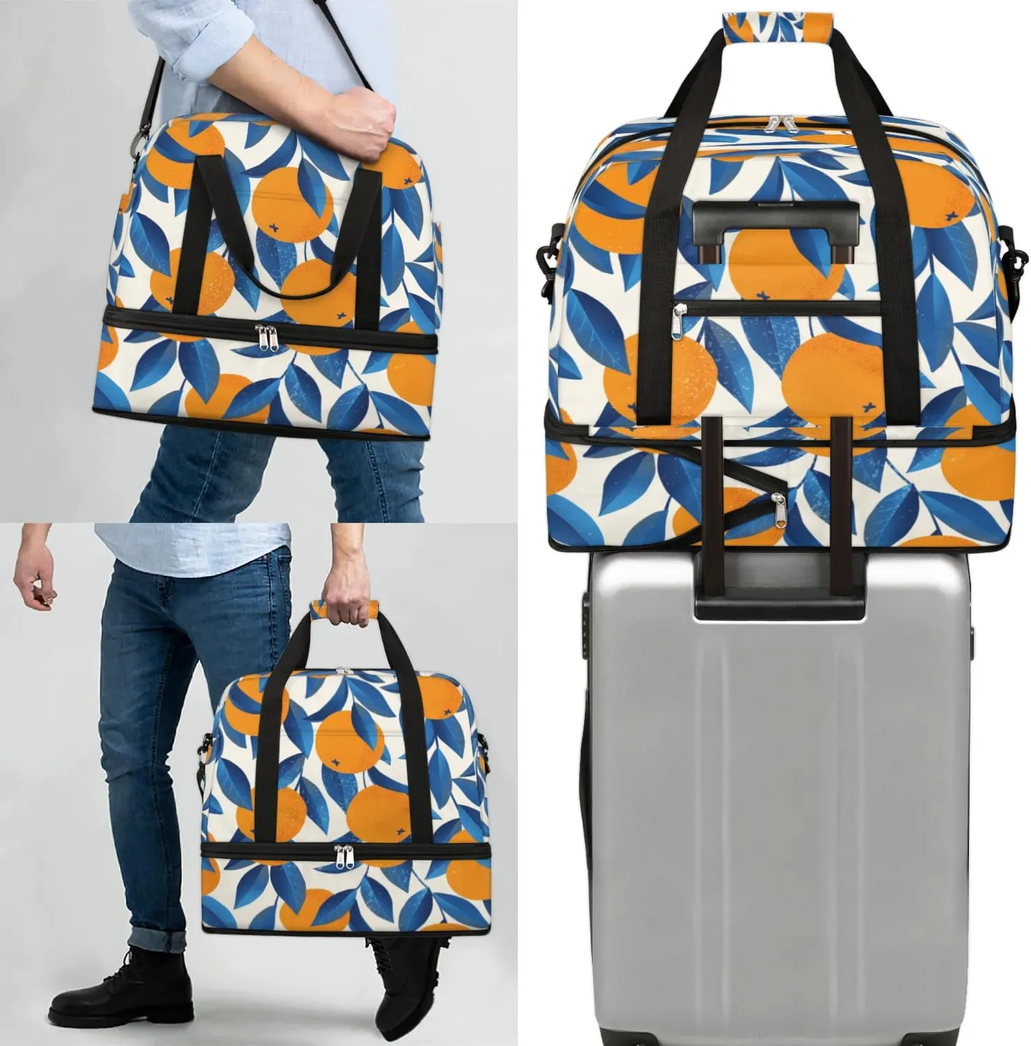 Orange Leaves Print Sports Gym Bag with Shoes Compartment Foldable Travel Duffel Bag Dry Wet Separated Sports Tote Workout Weekender Overnight Bag for Women Yoga Dance Work Training Handbag