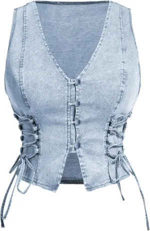 OYOANGLE Women's Vintage Lace Up V Neck Denim Crop Tank Tops Button Front Sleeveless Fitted Jean Vest
