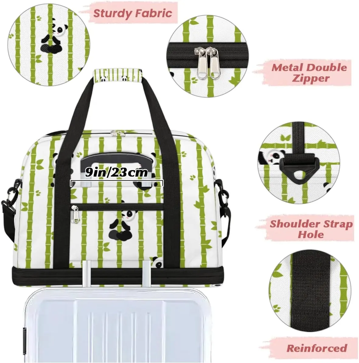 Panda Bamboo Tree Sports Gym Bag with Shoes Compartment Foldable Travel Duffel Bag Dry Wet Separated Sports Tote Workout Weekender Overnight Bag for Women Yoga Dance Work Training Handbag