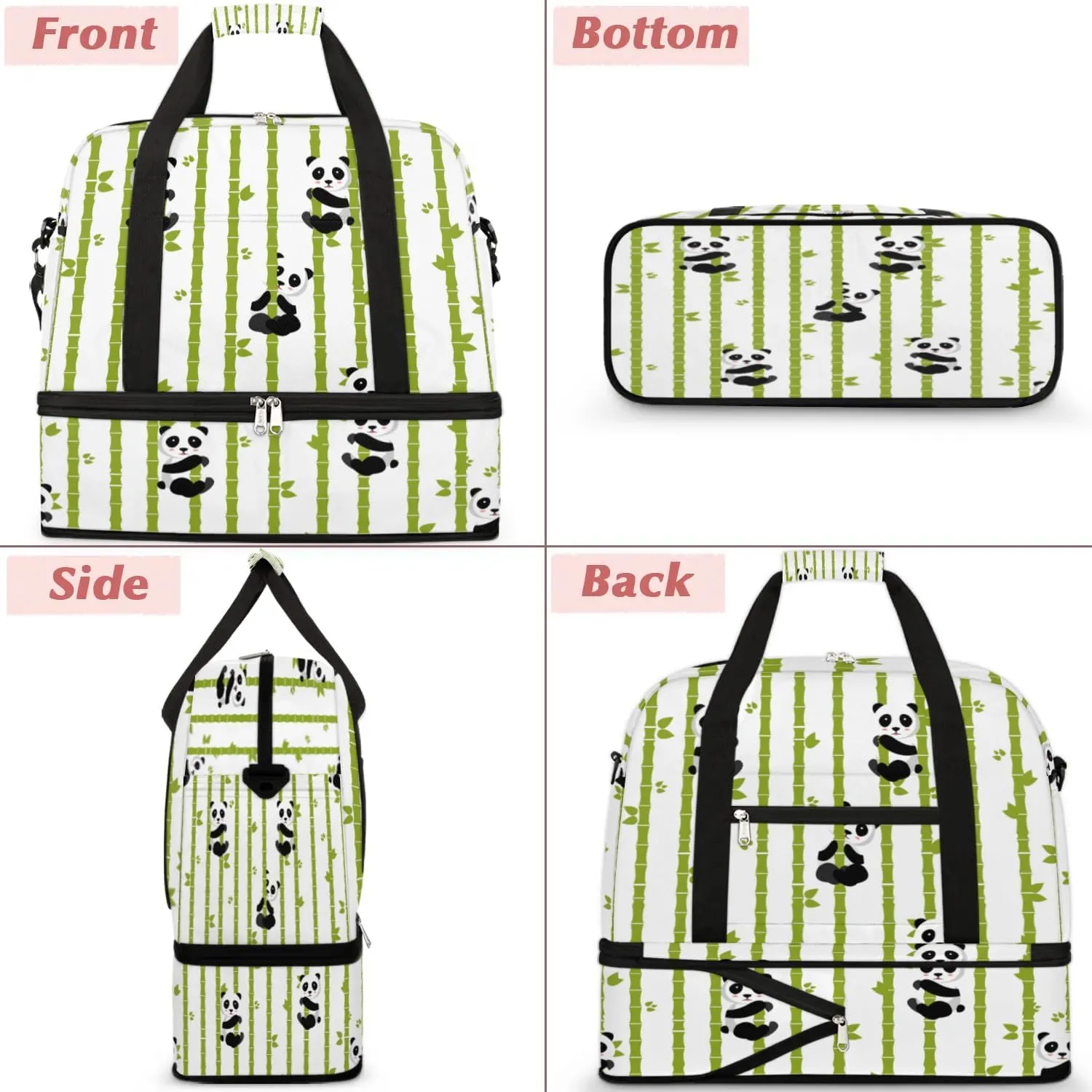 Panda Bamboo Tree Sports Gym Bag with Shoes Compartment Foldable Travel Duffel Bag Dry Wet Separated Sports Tote Workout Weekender Overnight Bag for Women Yoga Dance Work Training Handbag
