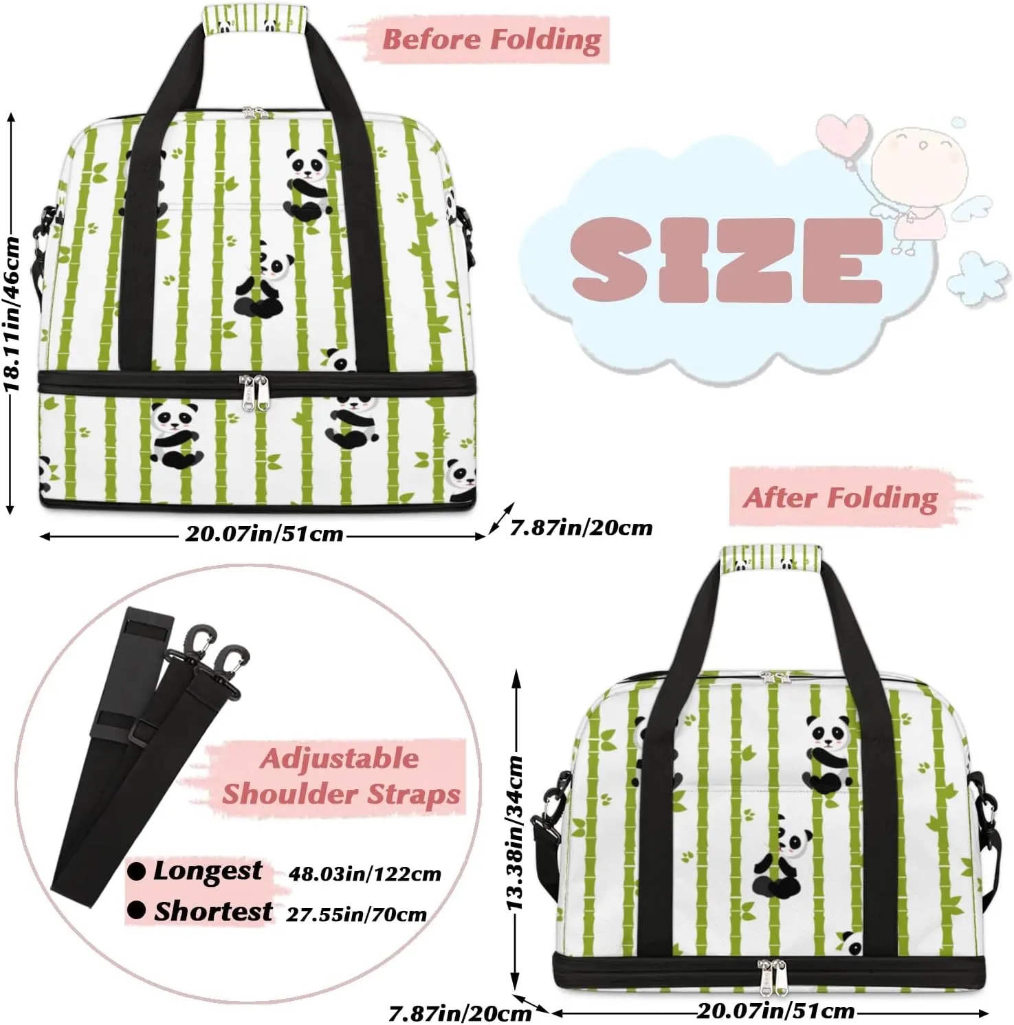 Panda Bamboo Tree Sports Gym Bag with Shoes Compartment Foldable Travel Duffel Bag Dry Wet Separated Sports Tote Workout Weekender Overnight Bag for Women Yoga Dance Work Training Handbag