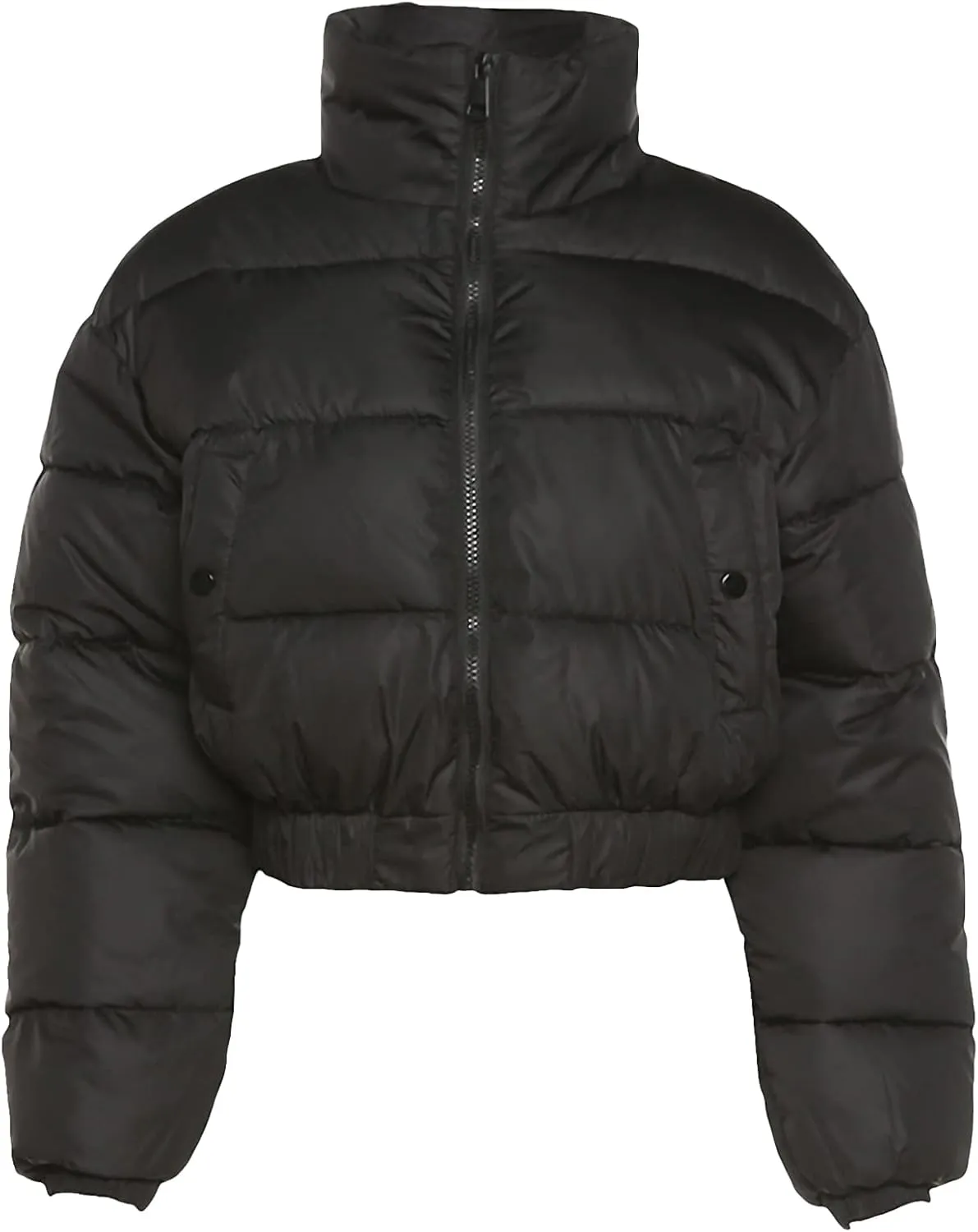 PEHMEA Womens Cropped Puffer Jacket Winter Zip Up Padded Down Coats(02 Black, Medium)