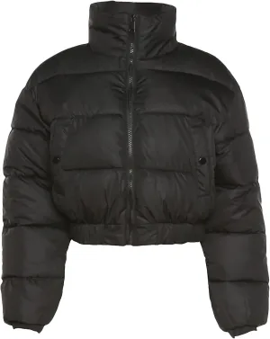 PEHMEA Womens Cropped Puffer Jacket Winter Zip Up Padded Down Coats(02 Black, Medium)